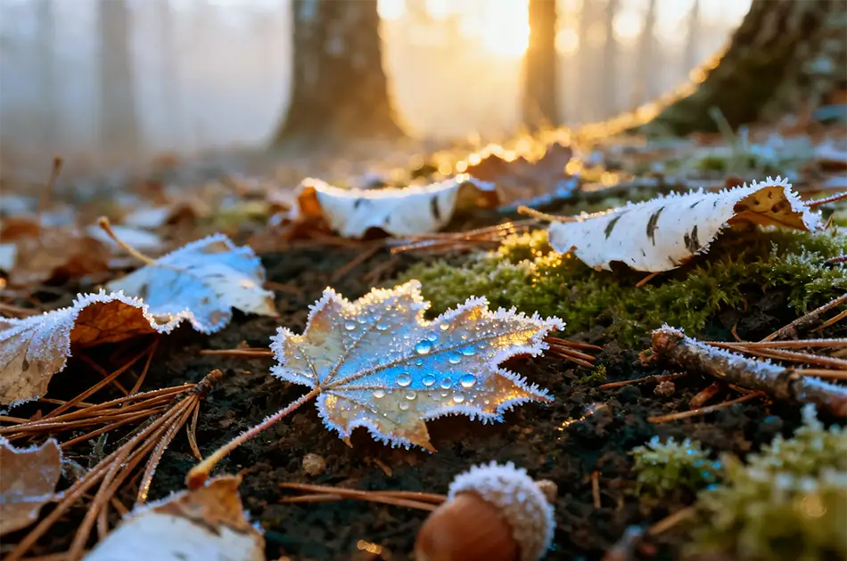 Close-up of frosted autumn leaves and pine needles on the forest floor, with dewdrops on a prominent leaf. Sunlight streams through blurred trees in the background, creating a warm, golden glow.