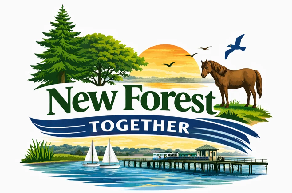 Illustration of a sunrise over trees, a horse, and birds, with "New Forest Together" above water, sailboats, and a pier. Reflects nature and community amid Local Government Reorganisation in the New Forest.