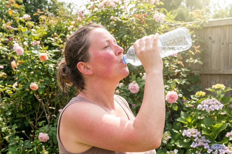 A woman with flushed skin drinks water from a plastic bottle in a garden with blooming flowers and green foliage on a sunny day, enjoying the gradual retreat of the heat.