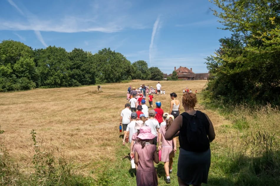 A group of children and adults walk in a line through a sunny, grassy field bordered by trees, embarking on a family adventure along the Story Trails of the New Forest, heading towards buildings in the distance.